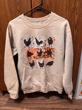 Gildan Cream Crewneck Sweater with Black & Orange Chicken Print